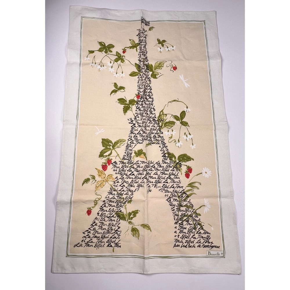 NEW Beauvillé Tea Towel Linen Blend French script Eiffel Tower Made in France